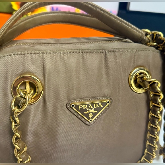 Auth PRADA Triangle Logo Tessuto Nylon Brown Chain Shoulder - Picture 9 of 17